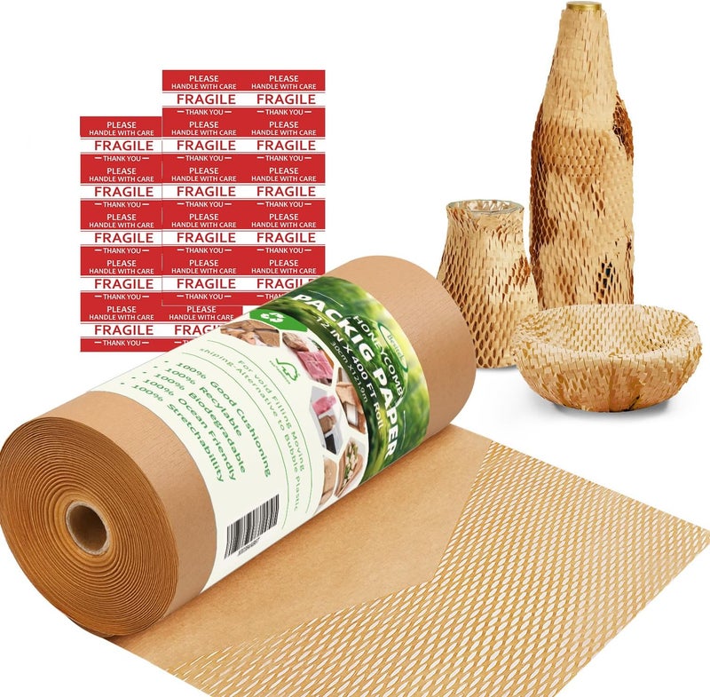 Besitek Honeycomb Packing Paper, 12" x 400' Honeycomb Cushioning Wrap Roll for Moving Shipping Packaging Gifts, Recyclable Honeycomb Paper Bubble Paper Wrapping with 20 Fragile Sticker Labels - Image 1